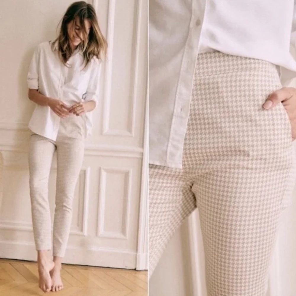 Sezane Clara Trouser Cream And Tan Houndstooth 8/40